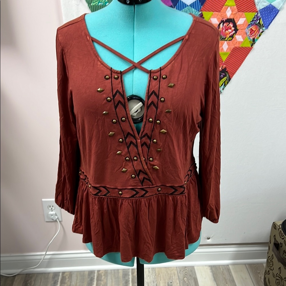 POL Terracotta Embellished Peplum Blouse